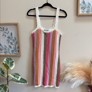 MINKPINK Crochet Striped Tank Dress in White, Pink, Olive & Lavender